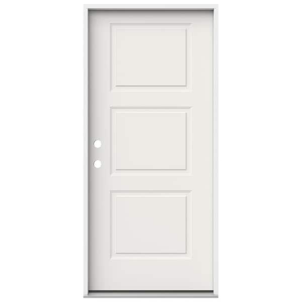 JELD-WEN 36 in. x 80 in. 3 Panel Equal Right-Hand/Inswing White Steel Prehung Front Door