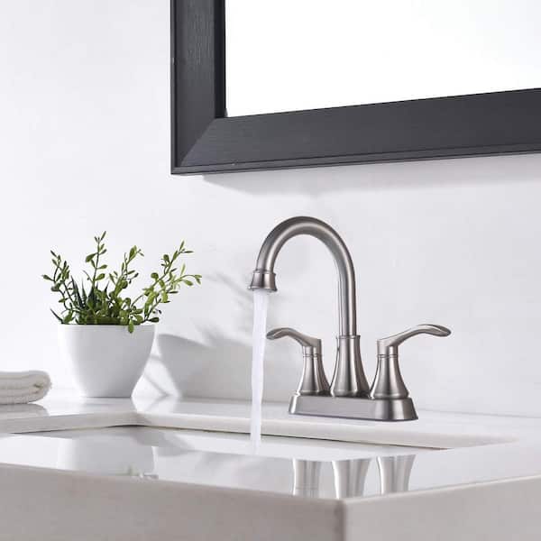 4 in. Centerset Deck Mount Double Handles High Arc Bathroom Faucet with Drain Kit Included in Brushed Nickel
