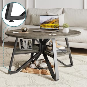 36.02 in. Retro Gray Oak Sleek and Minimalist Round Wood Coffee Table with Geometric Frame and Storage