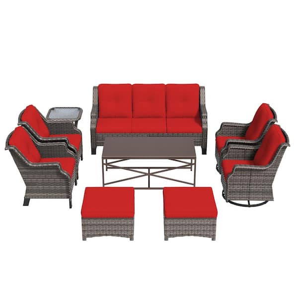 9-Piece Wicker Steel Outdoor Patio Conversation Set Coffee Table with Swivel Chairs and Red Cushions