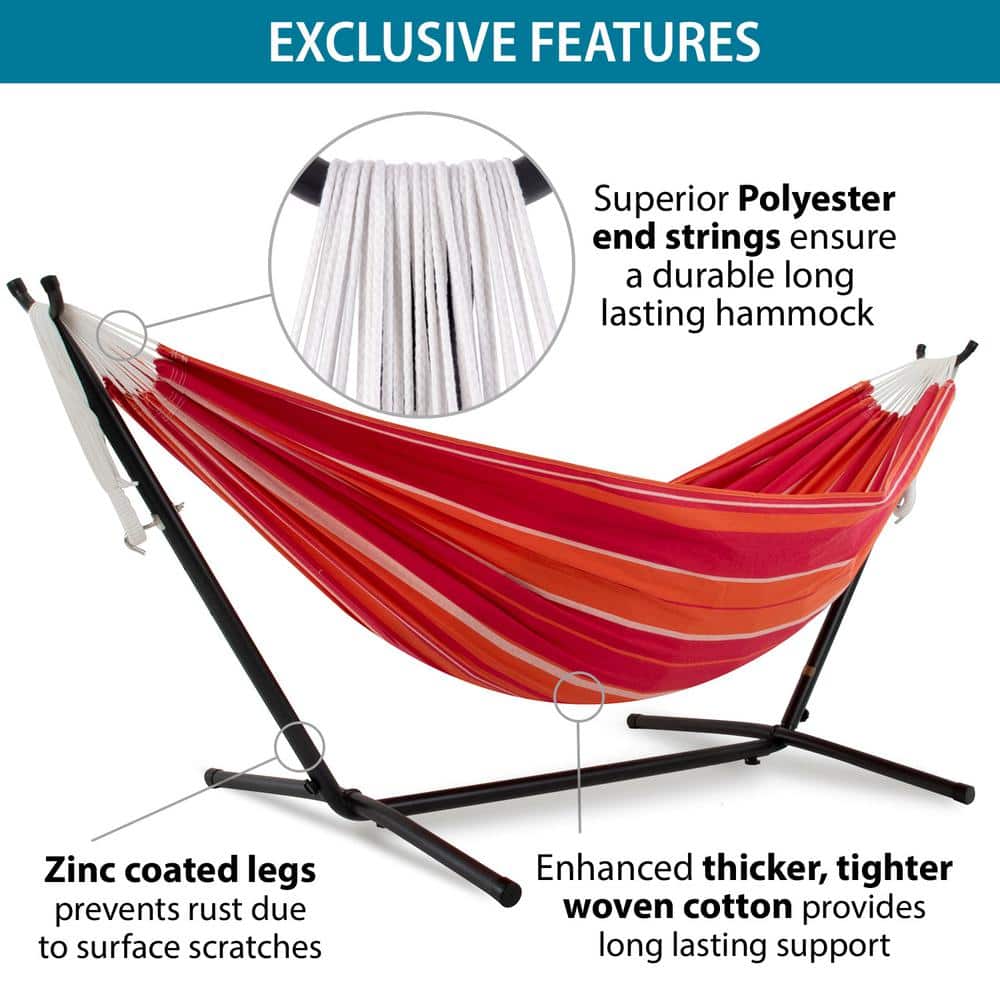Vivere 9ft Red and Orange Cotton Double Hammock with Steel Stand