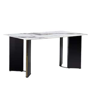 63 in. White Modern Glass Rectangular Dining Table with Titanium Decorative Legs, White Patterned Glass Sticker Desktop