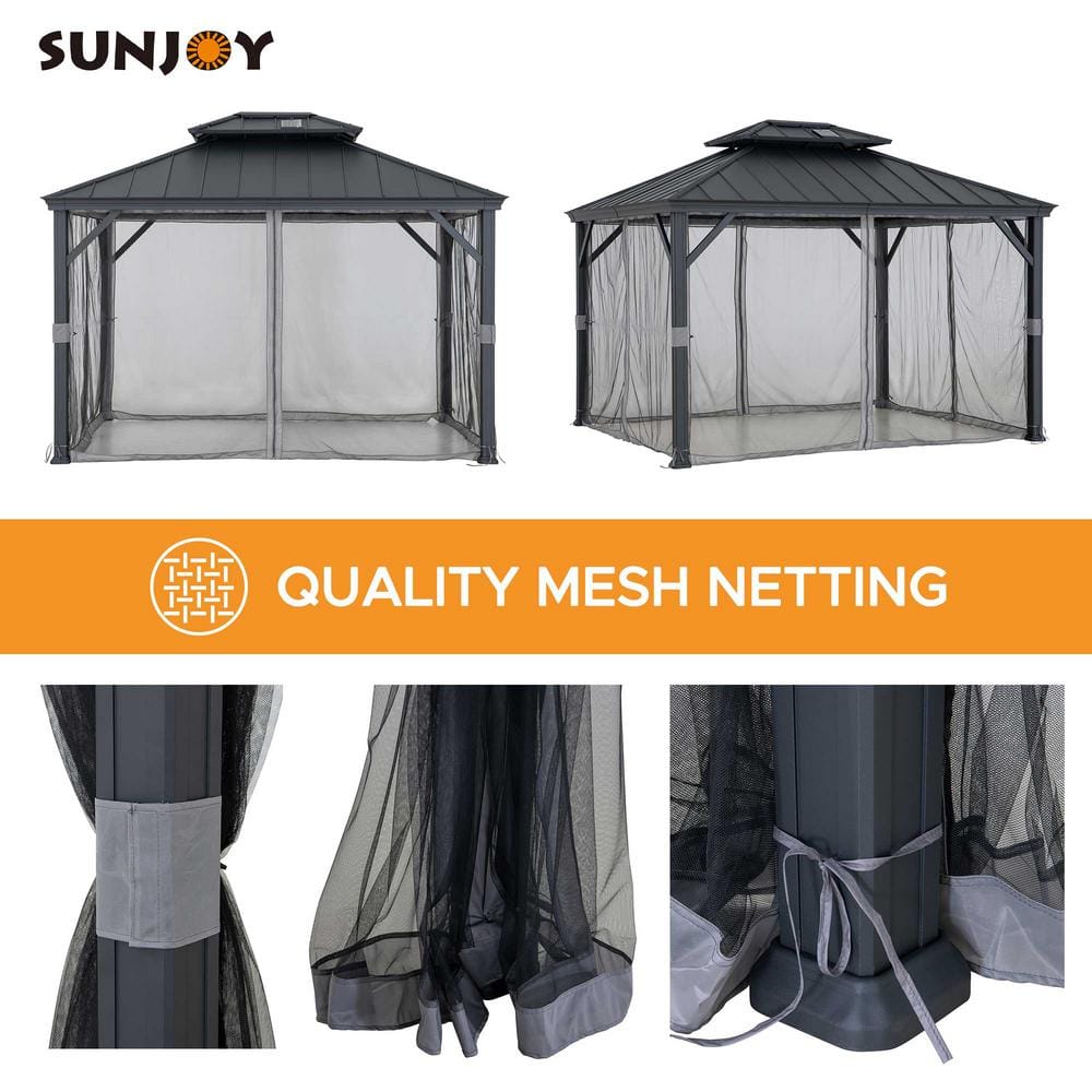 Black Aluminum and Steel 10x12 ft. Hardtop Gazebo with Solar Panel