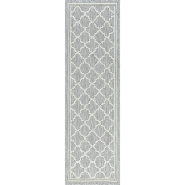Tayse Rugs Eco Geometric Gray 2 ft. x 8 ft. Indoor/Outdoor Runner Rug
