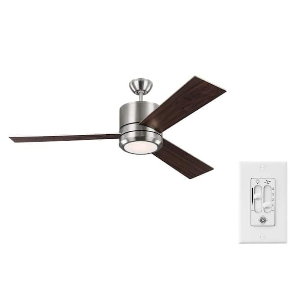 Generation Lighting Vision Max 56 in. Integrated LED Indoor/Outdoor Brushed Steel Ceiling Fan with Reversible Blades and Wall Switch Control