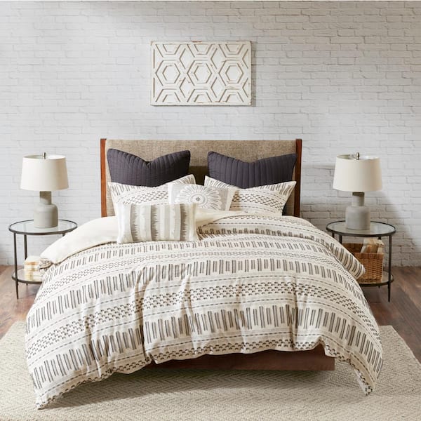 Rhea 3-Piece Ivory/Charcoal Cotton King/Cal King Comforter Set