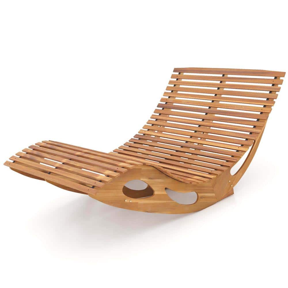 Wood Outdoor Double Chaise Lounge for 2 with High Back Slatted Seat Stopper for Patio