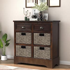 Espresso 28.00 in. Rustic Storage Cabinet with 2 Drawers and 4 Rattan Basket for Dining Room, Living Room