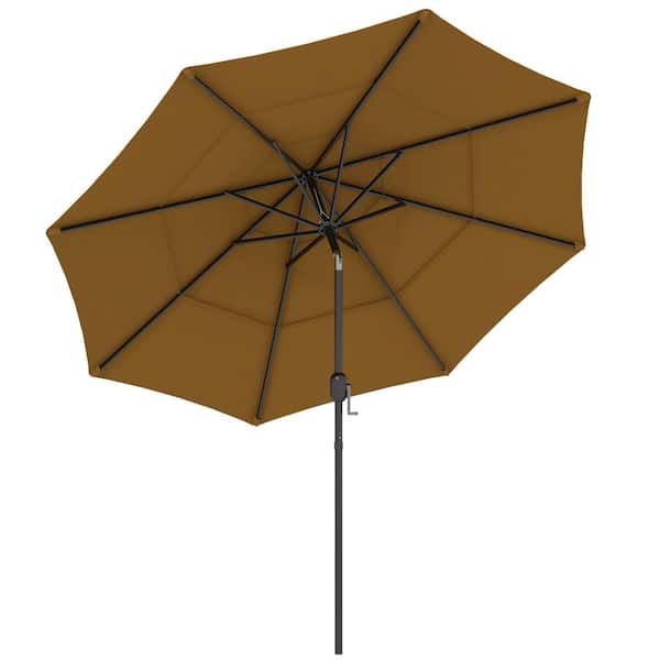 Zeus & Ruta 9 ft. x 9 ft. 3 Tiers Steel Push-Up Patio Market Umbrella with Crank, Push Button Tilt for Deck in Tan