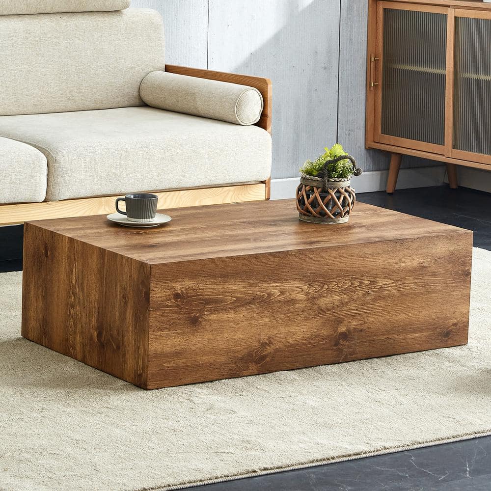 39.37 in. Brown Rectangle Wood Coffee Table, Modern MDF-Top Coffee Table wi