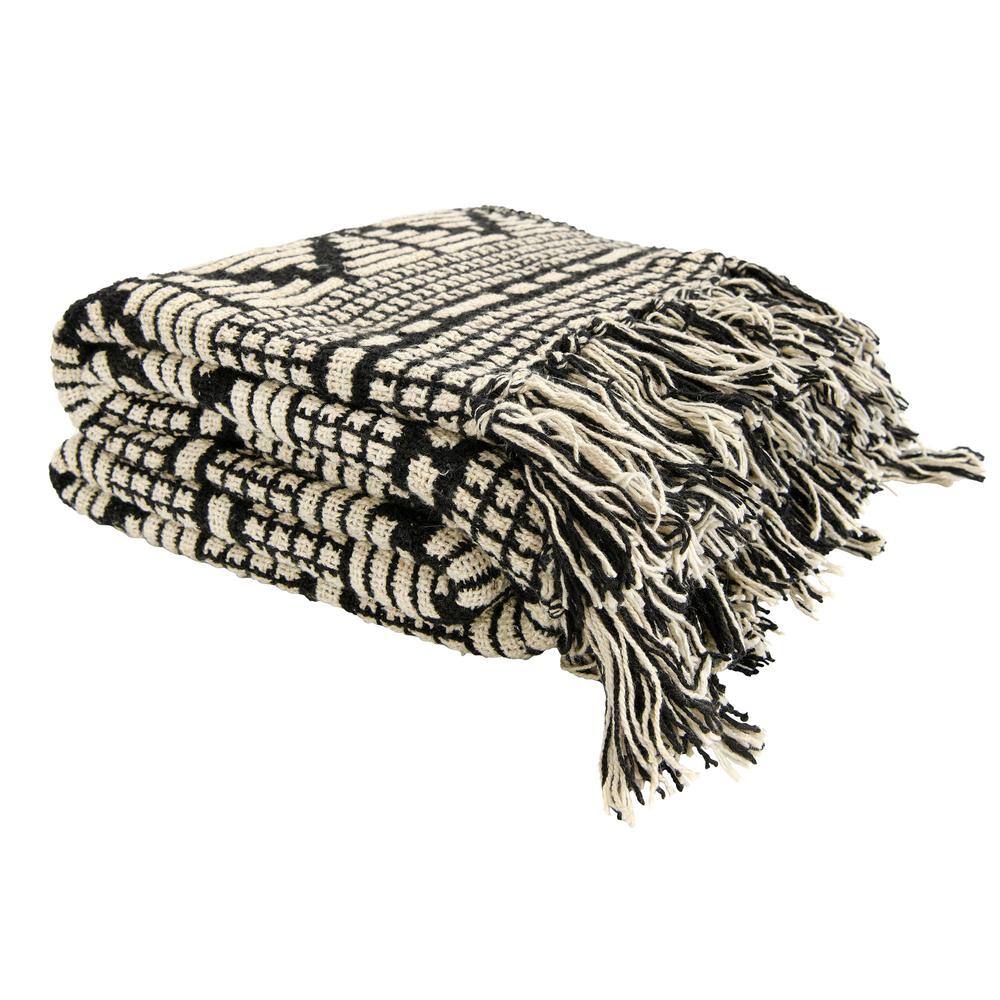 Bloomingville Black & Beige Diamond-Patterned Cotton Blend Throw with Fringe