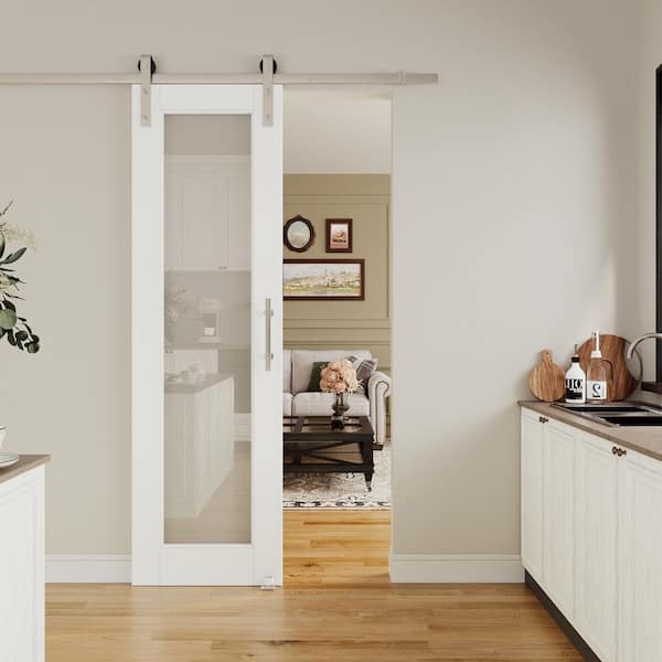 ARK DESIGN 24 in. x 80 in. 1 Lite Tempered Clear Glass White Primed Composite MDF Sliding Barn Door with Hardware Kit Nickel Plated