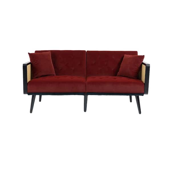 HOMEFUN 61 in. Modern Wine Red Velvet Upholstered Sofa Bed