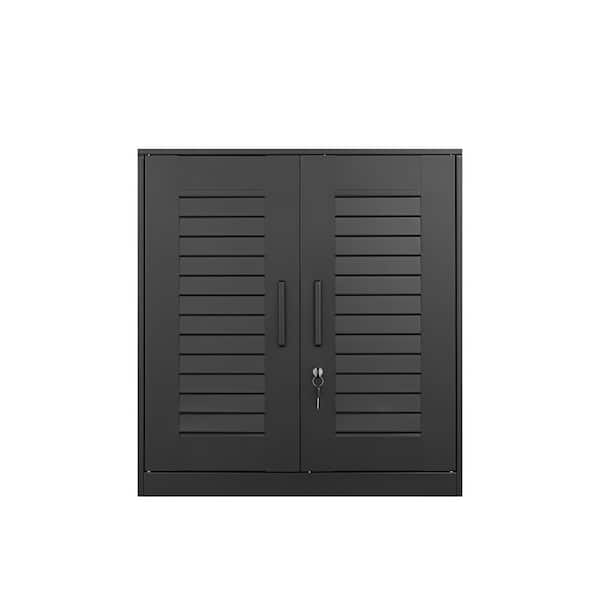 Black Metal Wall Cabinet with Lock and Handle, Garage Storage Cabinet with Adjustable Shelf Steel Storage Cabinet