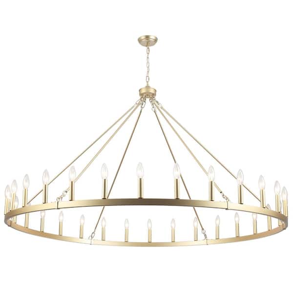 30-Light Brass Farmhouse Candlestick Wagon Wheel Chandelier Lighting Hanging Linear Chandelier for Kitchen Island
