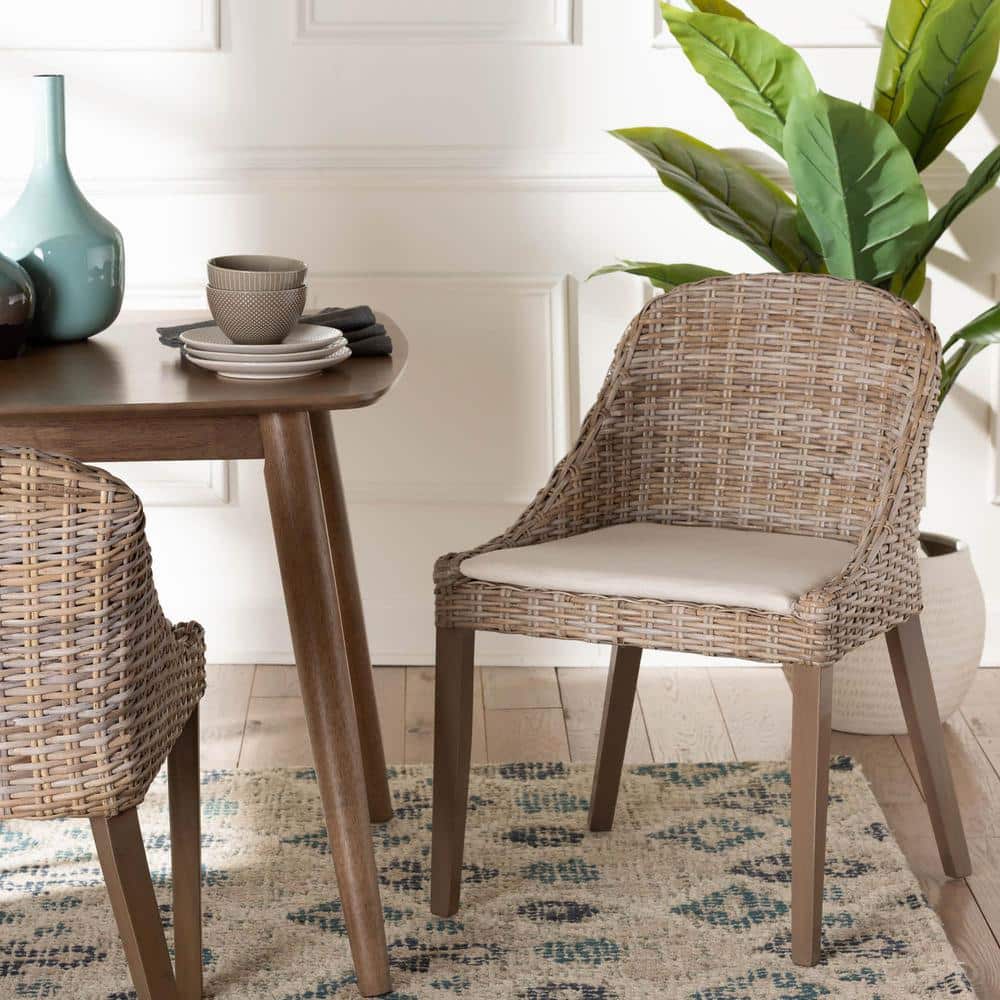Lara Gray Rattan and Mahogany Wood Bohemian Dining Chair
