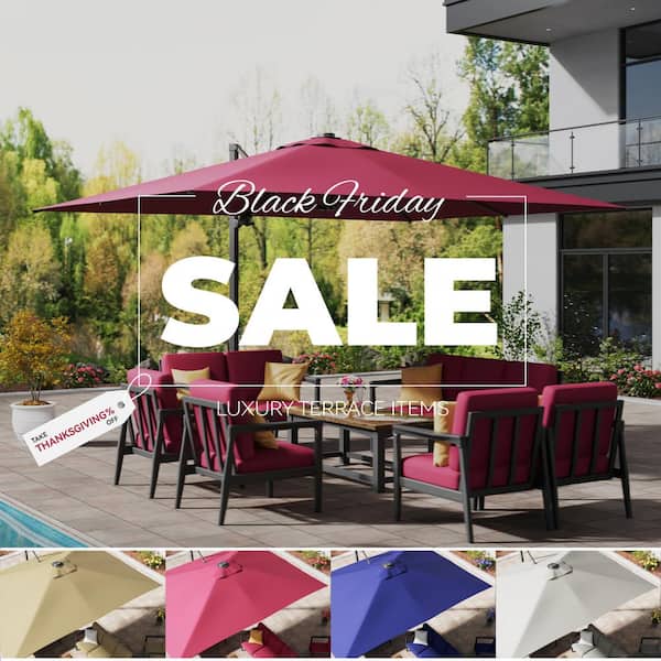 10 ft. x 13 ft. Rectangle Aluminum Cantilever Tilt Outdoor Hanging Patio Umbrella in Red for Garden Balcony