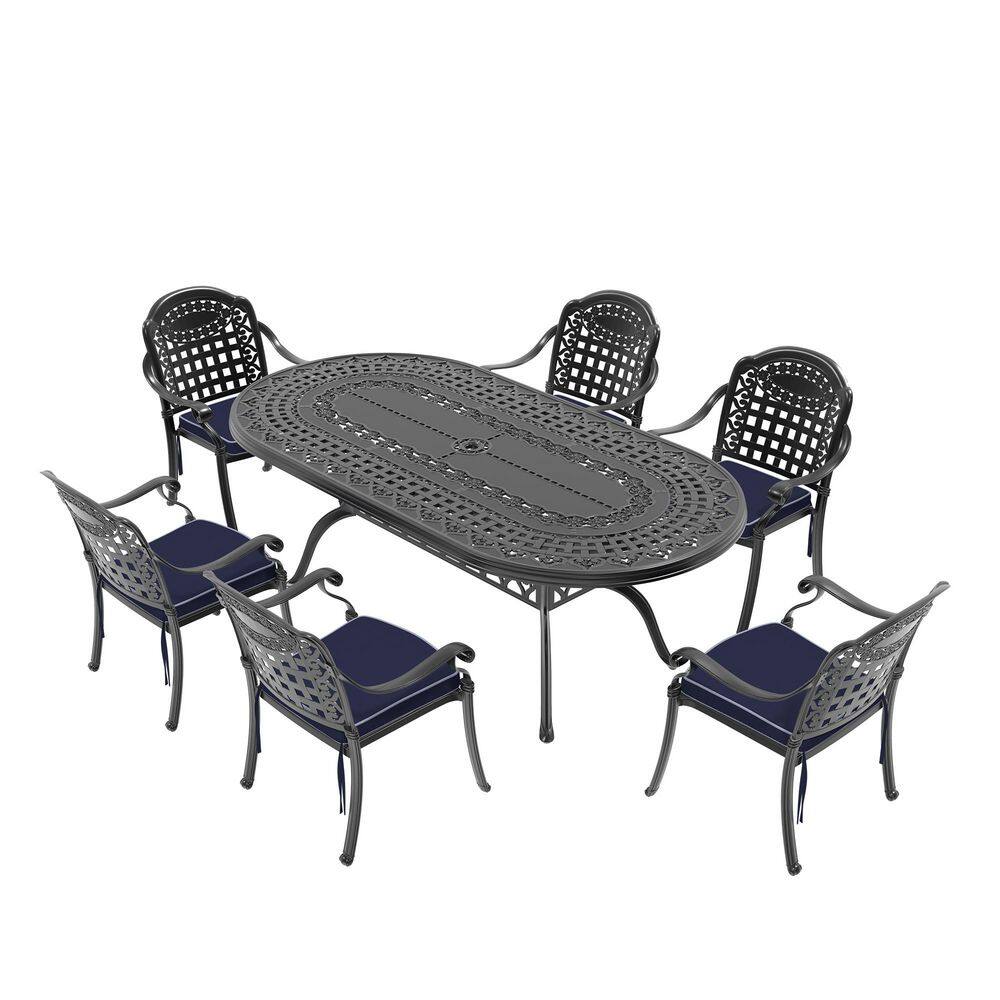 Black 7-Piece Cast Aluminum Oval Bar Height Outdoor Dining Set with All-Weather Cushions durable construction price history on PriceWatchPro
