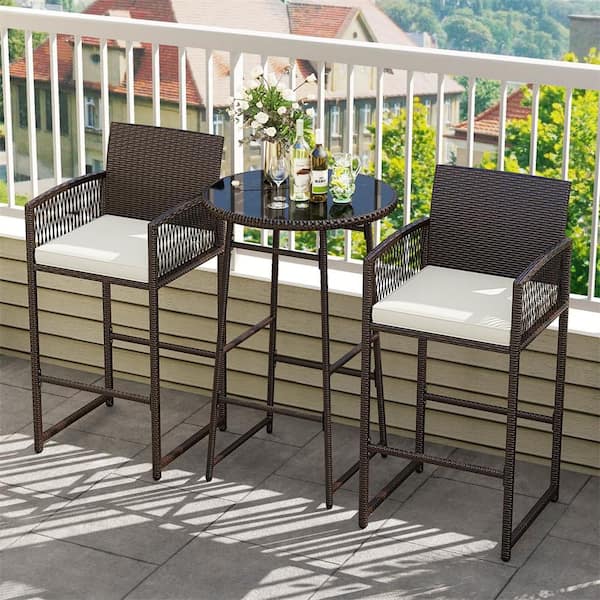 3 Piece Wicker Patio Outdoor Serving Bar Set with 2 Off White Seat Cushions Glass Tabletop for Backyard