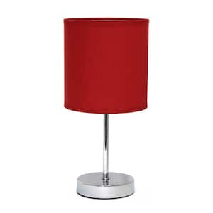 11.81 in. Red Traditional Petite Metal Stick Bedside Table Desk Lamp in Chrome with Fabric Drum Shade