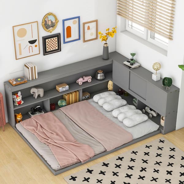 Harper & Bright Designs Gray Wood Frame Full Size Platform Bed with L-shaped Bookcases, Storage Headboard with sliding doors