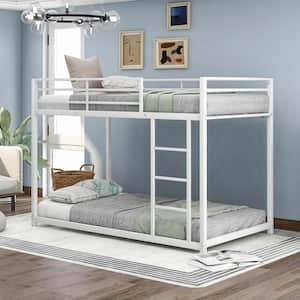 White Twin Over Twin Metal Low Bunk Bed with Ladder