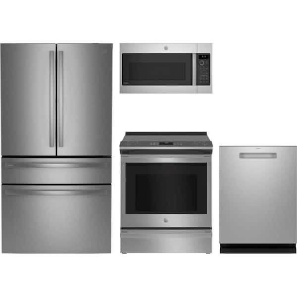 Profile 28.7 cu. ft. 4-Door French Door Refrigerator with with 5 Burner Slide-In Range and Dishwasher