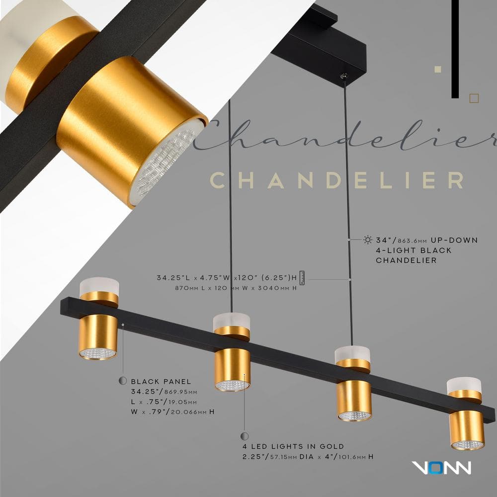 Ferro 34" Black Crystal LED Linear Chandelier with Gold Spotlights