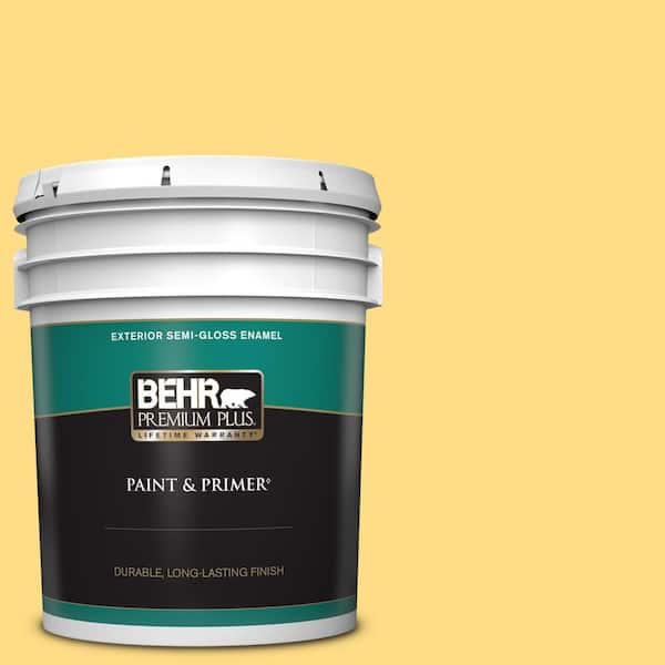 BEHR PREMIUM PLUS 5 gal. #340B-5 Yellow Brick Road Semi-Gloss Enamel Exterior Paint & Primer