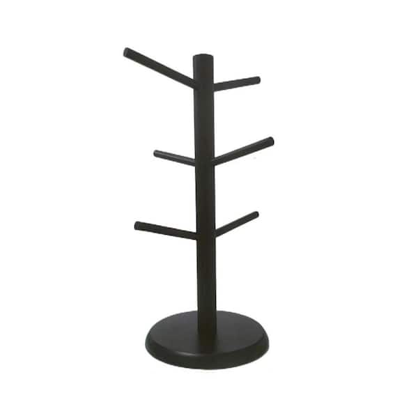 6-Hook Black Non-Slip Mug Tree with Stable Wooden Base for Counter Coffee Bar Mug Holder Rack Organizer