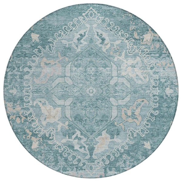 Chantille Machine Washable Indoor/Outdoor Abstract ACN3169 Teal 8 ft. x 8 ft. Round Rug