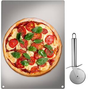 Steel Pizza Plate 14 in. x 20 in. x 0.4 in. Non-stick Surface Rectangle Pizza Stone with Pizza Cutter for Baking, Silver