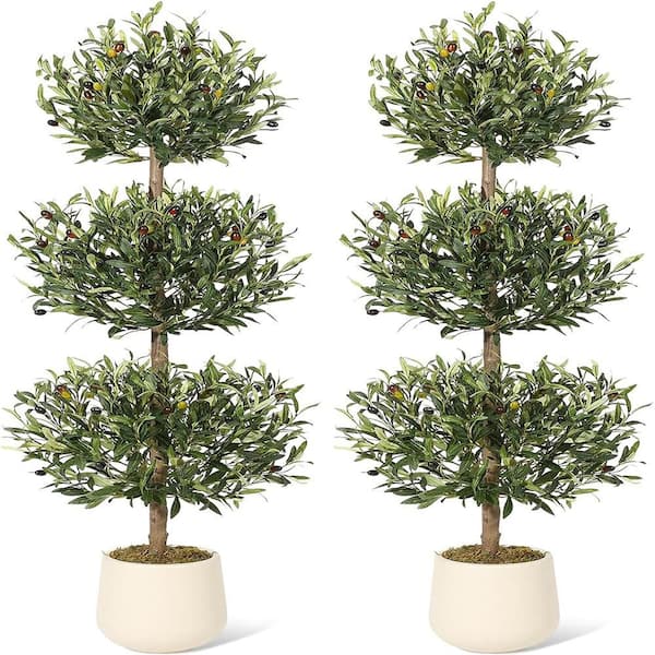 5 ft. Artificial Olive Triple Ball Topiary Trees with Moss and Inner Pot,- 2 Pieces Realistic Fake Shrubs Trees