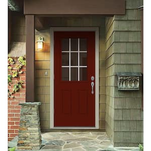 36 in. x 80 in. 9 Lite Mesa Red Painted Steel Prehung Right-Hand Outswing Entry Door w/Brickmould