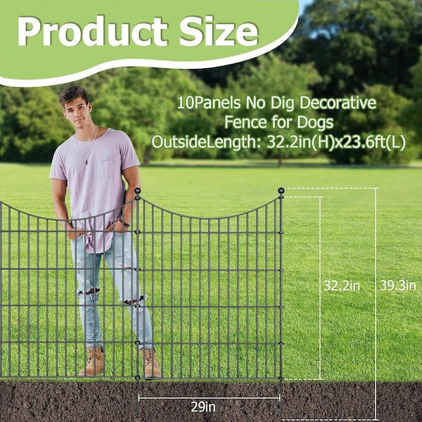 10 Panels No Dig Decorative Garden Fence With Gate, 32in (H) × 22ft (L
