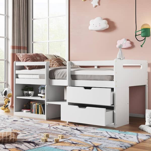 Ghouse White Twin Loft Bed With 2, Wooden Loft Bed With Storage
