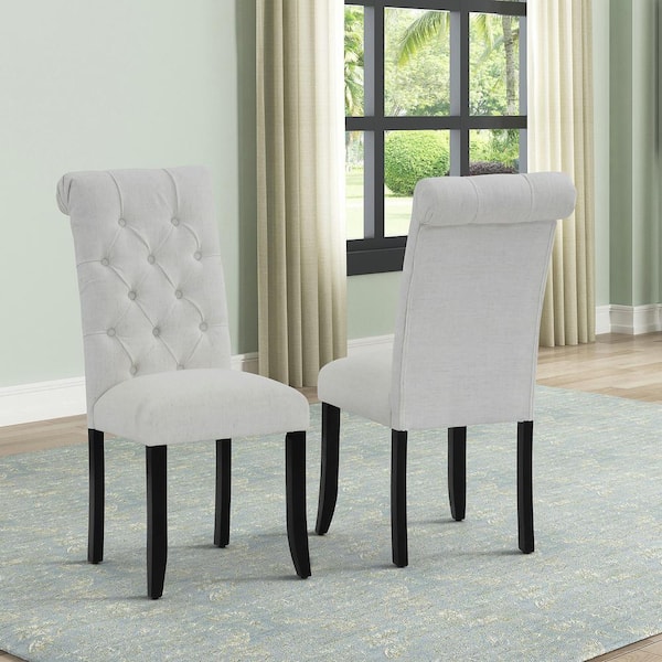 GOJANE Beige Classic Fabric Tufted Dining Chair with Wooden Legs Set of 2