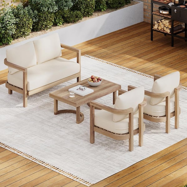 Mathena Brown Wash 4-Piece Wood Patio Conversation Set with Beige Cushions