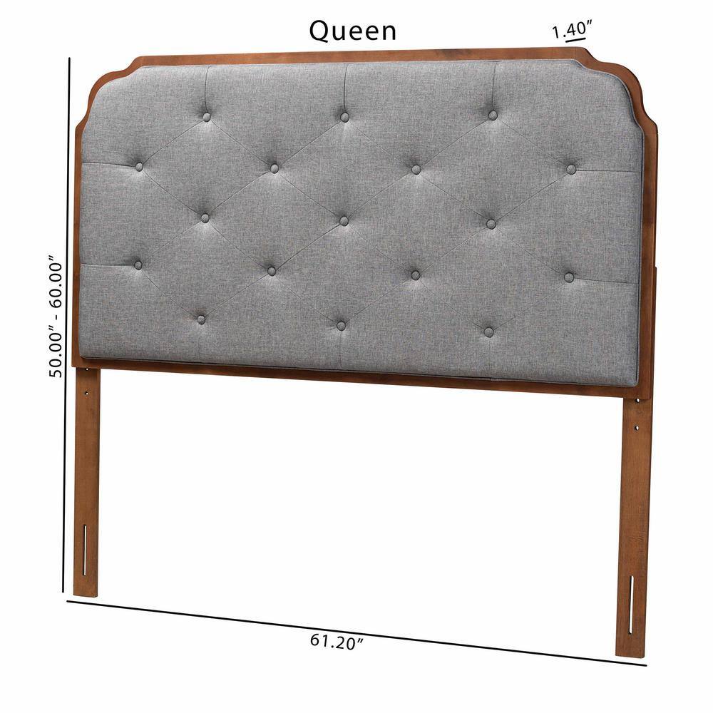 Gray Tufted Upholstered Queen Headboard with Walnut Wood Frame