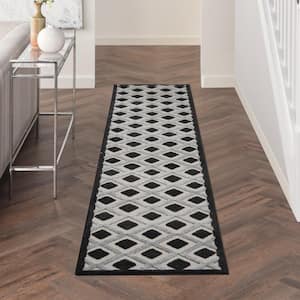 Aloha Black White 2 ft. x 10 ft. Kitchen Runner Geometric Contemporary Indoor/Outdoor Patio Area Rug