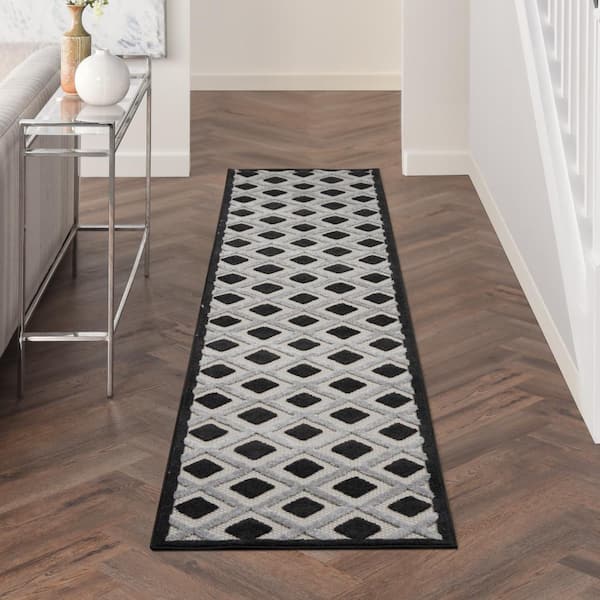 Aloha Black White 2 ft. x 10 ft. Kitchen Runner Geometric Contemporary Indoor/Outdoor Patio Area Rug