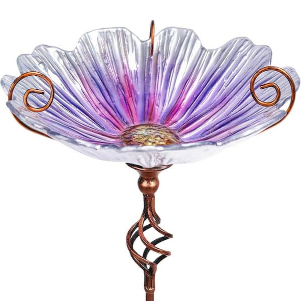 31 in. H x 11 in. Dia Purple Glass Birdbath with Metal Stake