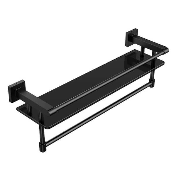 20 in. Matte Black Single Wall Mounted Bathroom Glass Shelf Towel Rack with Towel Bar in Stainless Steel