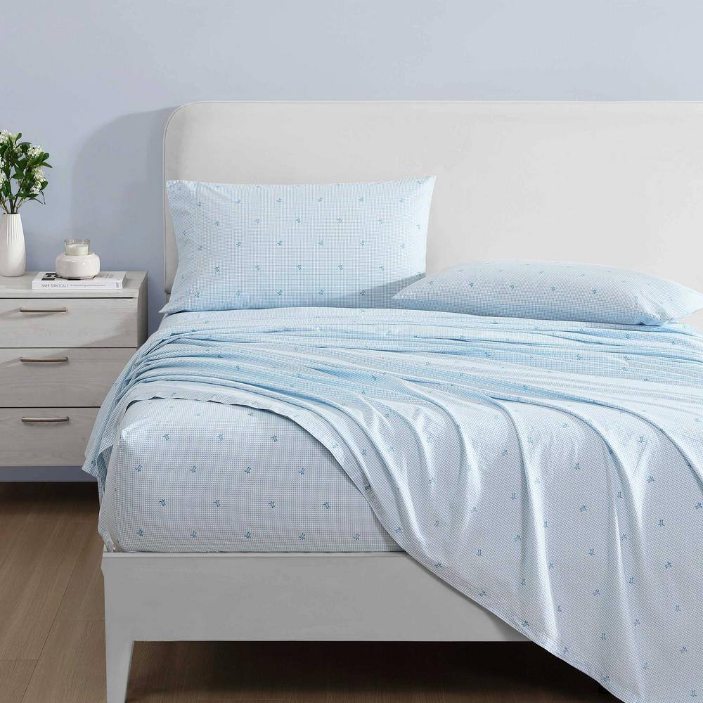 Blue Cotton Percale Queen Sheet Set with Turtle Print