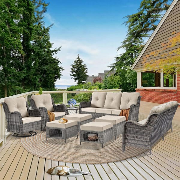 Xingzjojor Gray 9-Piece Wicker Outdoor Patio Conversation Seating Sofa Set with Beige Cushions and Swivel Rocking Chairs