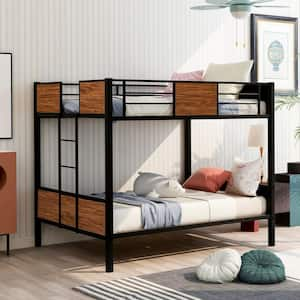 Brown Full Over Full Size Steel Frame Bunk Bed with Wooden Headboard and Footboard