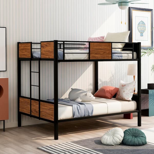Harper & Bright Designs Brown Full Over Full Size Steel Frame Bunk Bed with Wooden Headboard and Footboard