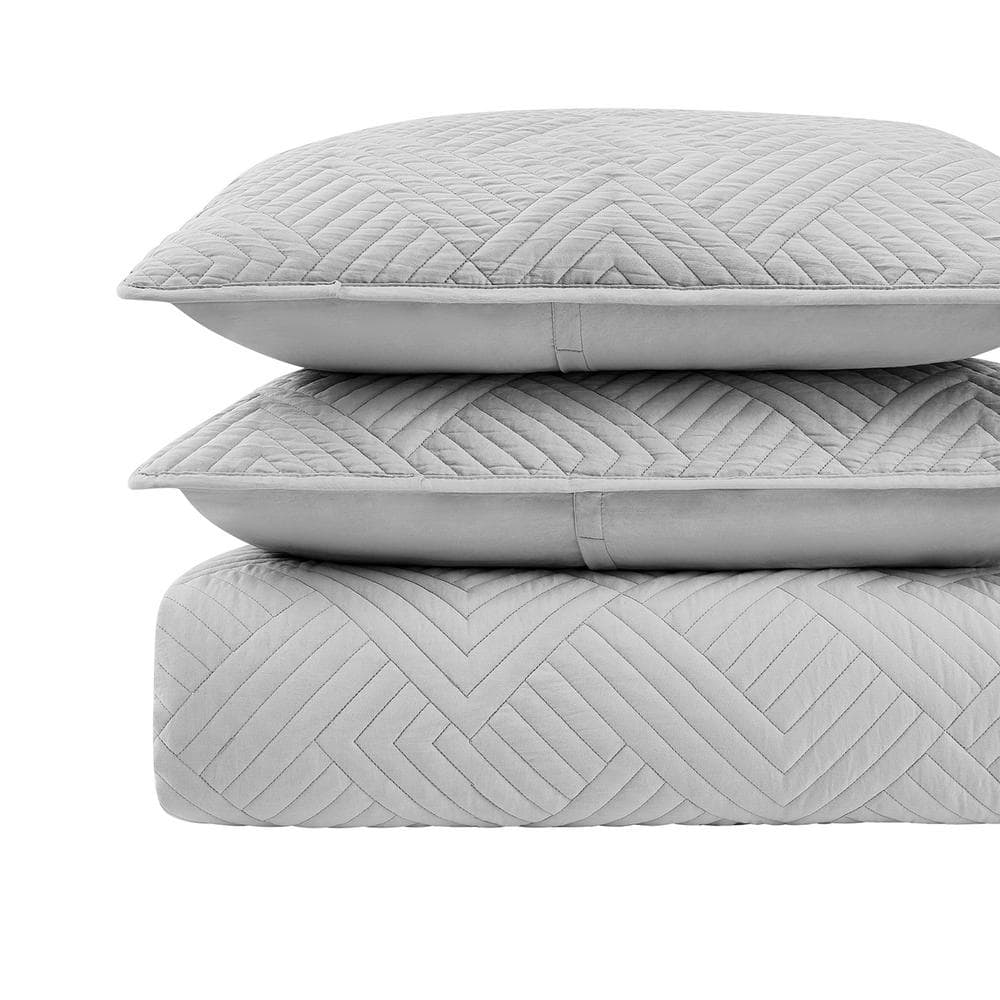 Gray Full Microfiber Reversible Quilt Set with Geometric Stitching