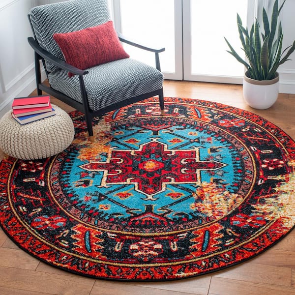 Vintage Hamadan Red/Light Blue 10 ft. x 10 ft. Floral Border Round Area Rug