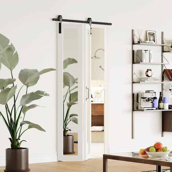 24 in. x 84 in. White, Mirrored Glass, Full Lite, MDF, Bi-Fold Style Sliding Barn Door with Hardware Kit